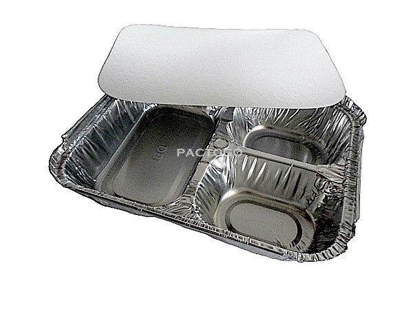 3 Compartment Oblong Foil Take-Out Pan w/Board Lid