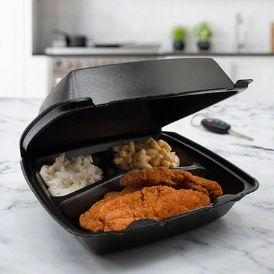 Dart 9x9 Large BLACK Foam Hinged Container 3-Compartment 200/CS