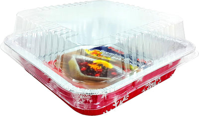 Square Red Holiday Christmas Cake Aluminum Foil Pan w/Clear Dome Lid Disposable Baking Tins (Pack of 100 Sets)