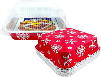 Square Red Holiday Christmas Cake Aluminum Foil Pan w/Clear Dome Lid Disposable Baking Tins (Pack of 100 Sets)