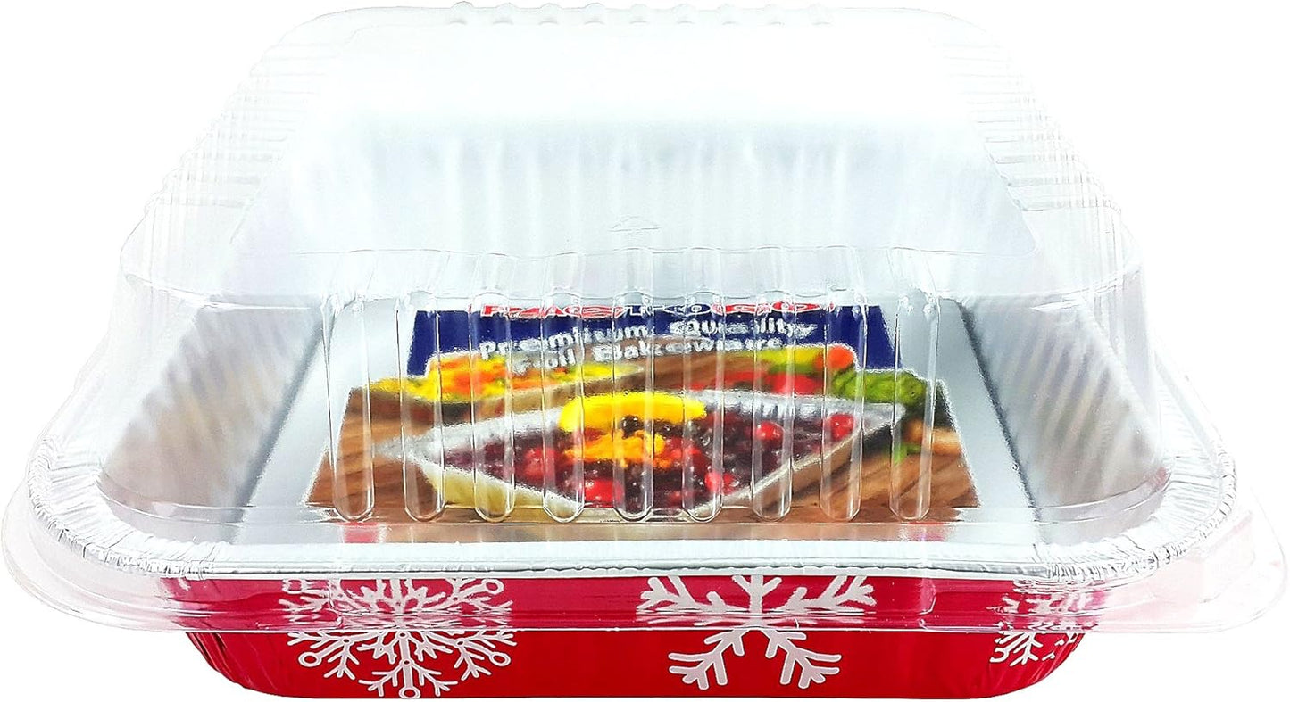 Square Red Holiday Christmas Cake Aluminum Foil Pan w/Clear Dome Lid Disposable Baking Tins (Pack of 100 Sets)