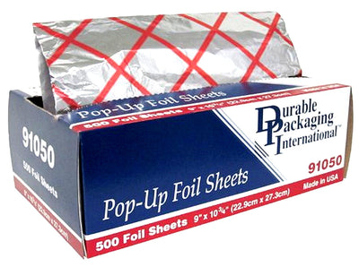 Durable 9" x 10.75" Aluminum Foil Pop-Up Sheets - Silver w/Red Hatch 6 x 500/CS