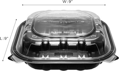 Karat 9"x9" (3-Compartments) Premium PP Hinged Container, Take Out Food Containers - 150/Case