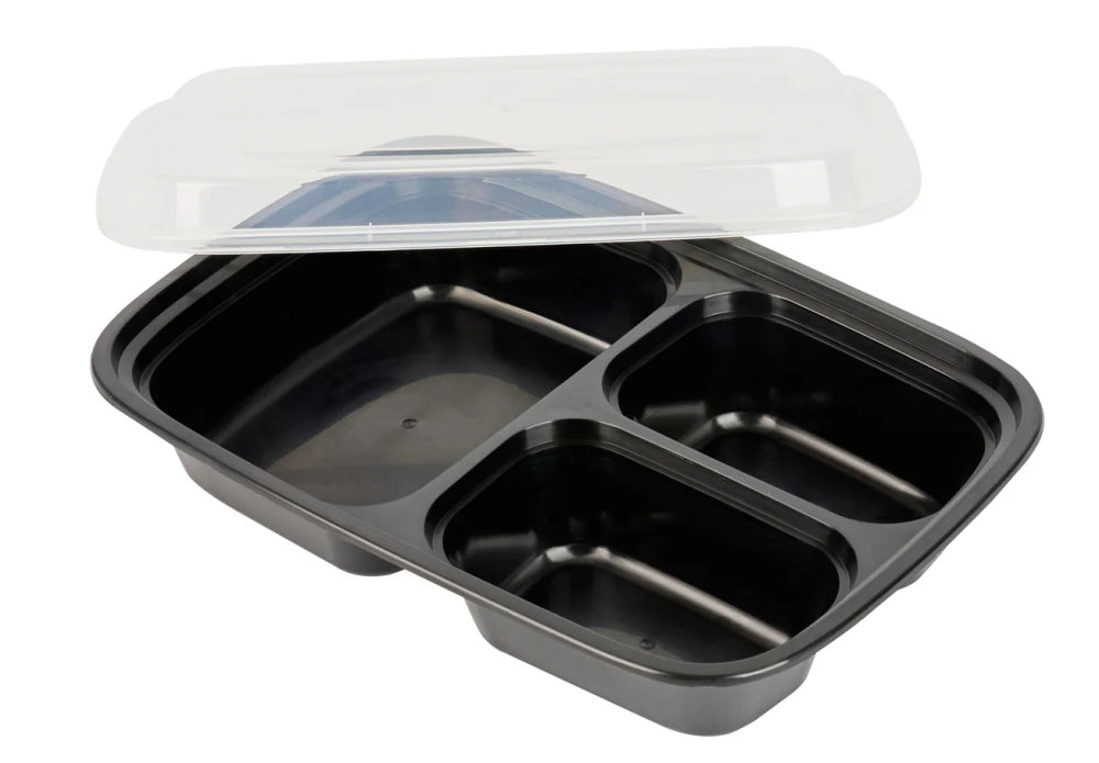 32 oz. 3-Compartment Rectangular Black Container w/Lid Combo 150/Case