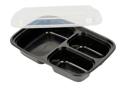 32 oz. 3-Compartment Rectangular Black Container w/Lid Combo 150/Case