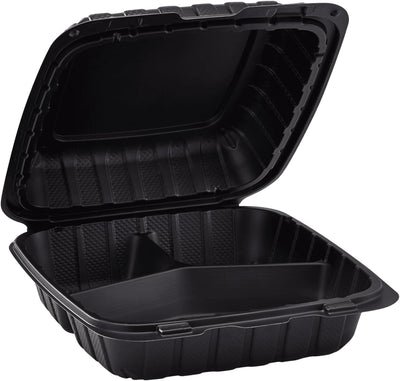 KARAT 8x8x3 Medium Black Mineral Filled Clamshell Hinged Container 3-Compartment 200/CS