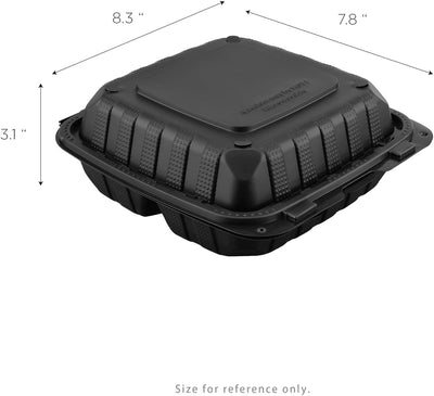 KARAT 8x8x3 Medium Black Mineral Filled Clamshell Hinged Container 3-Compartment 200/CS