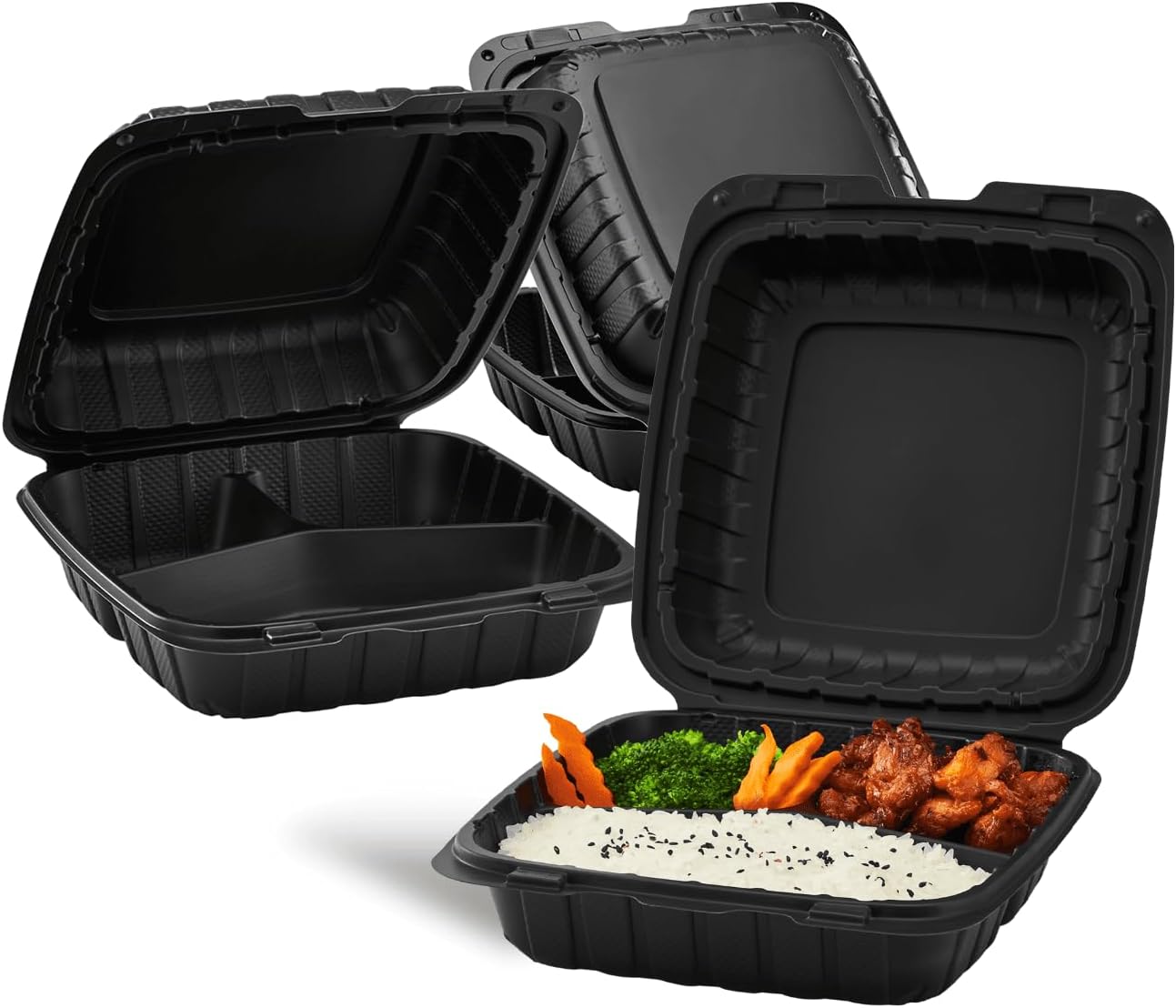 KARAT 8x8x3 Medium Black Mineral Filled Clamshell Hinged Container 3-Compartment 200/CS