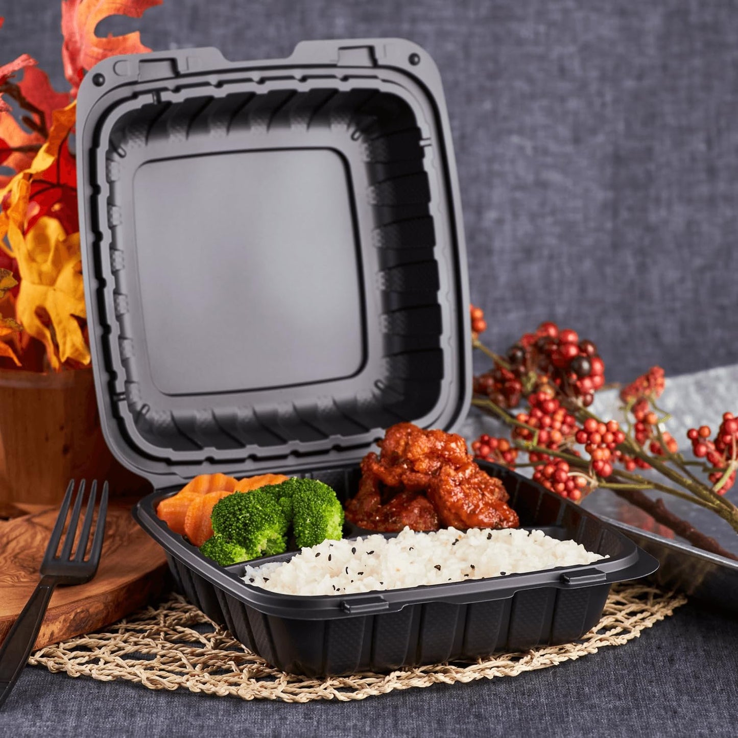 KARAT 8x8x3 Medium Black Mineral Filled Clamshell Hinged Container 3-Compartment 200/CS
