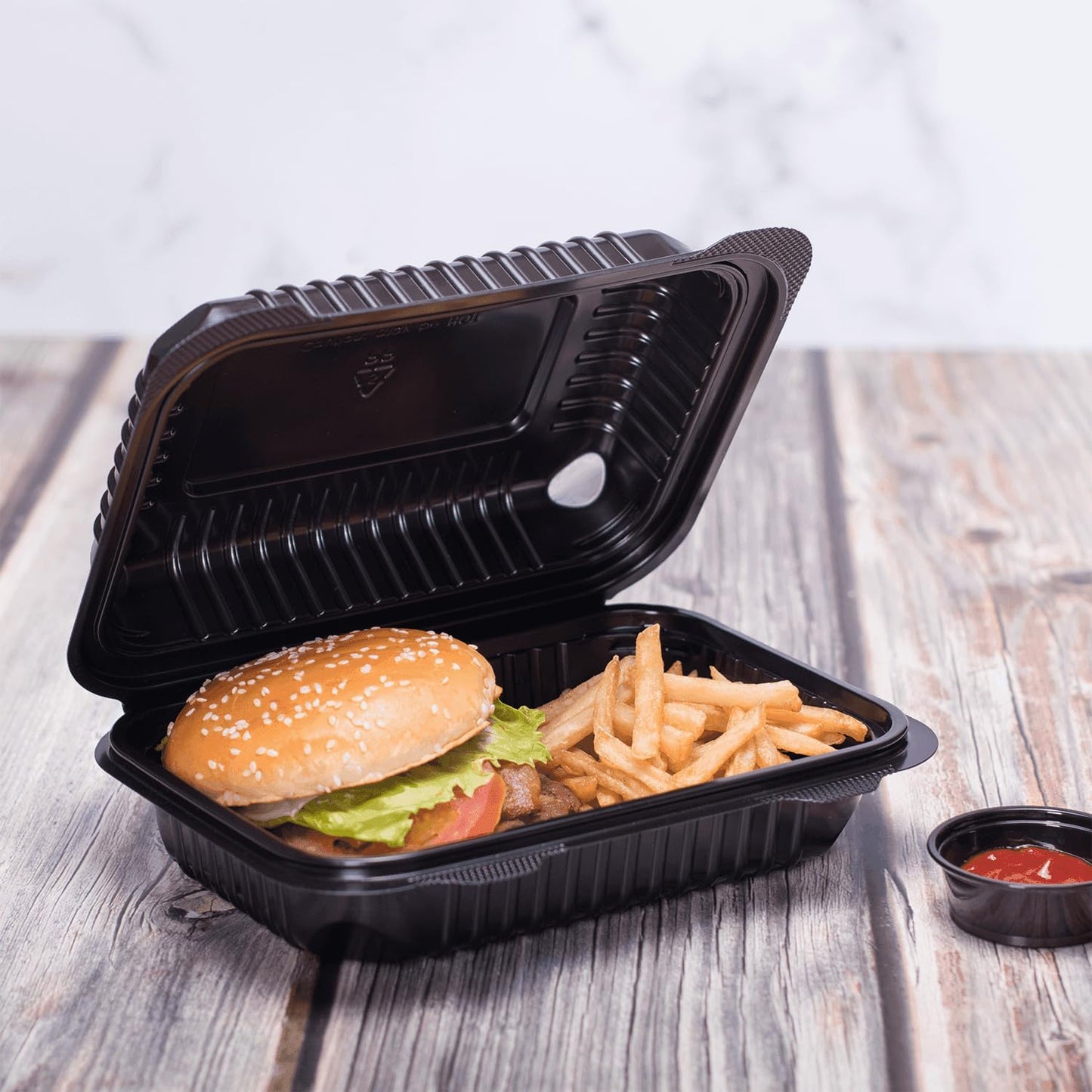 KARAT 9x6x3 Large Black Mineral Filled Clamshell Hinged Container 250/Case