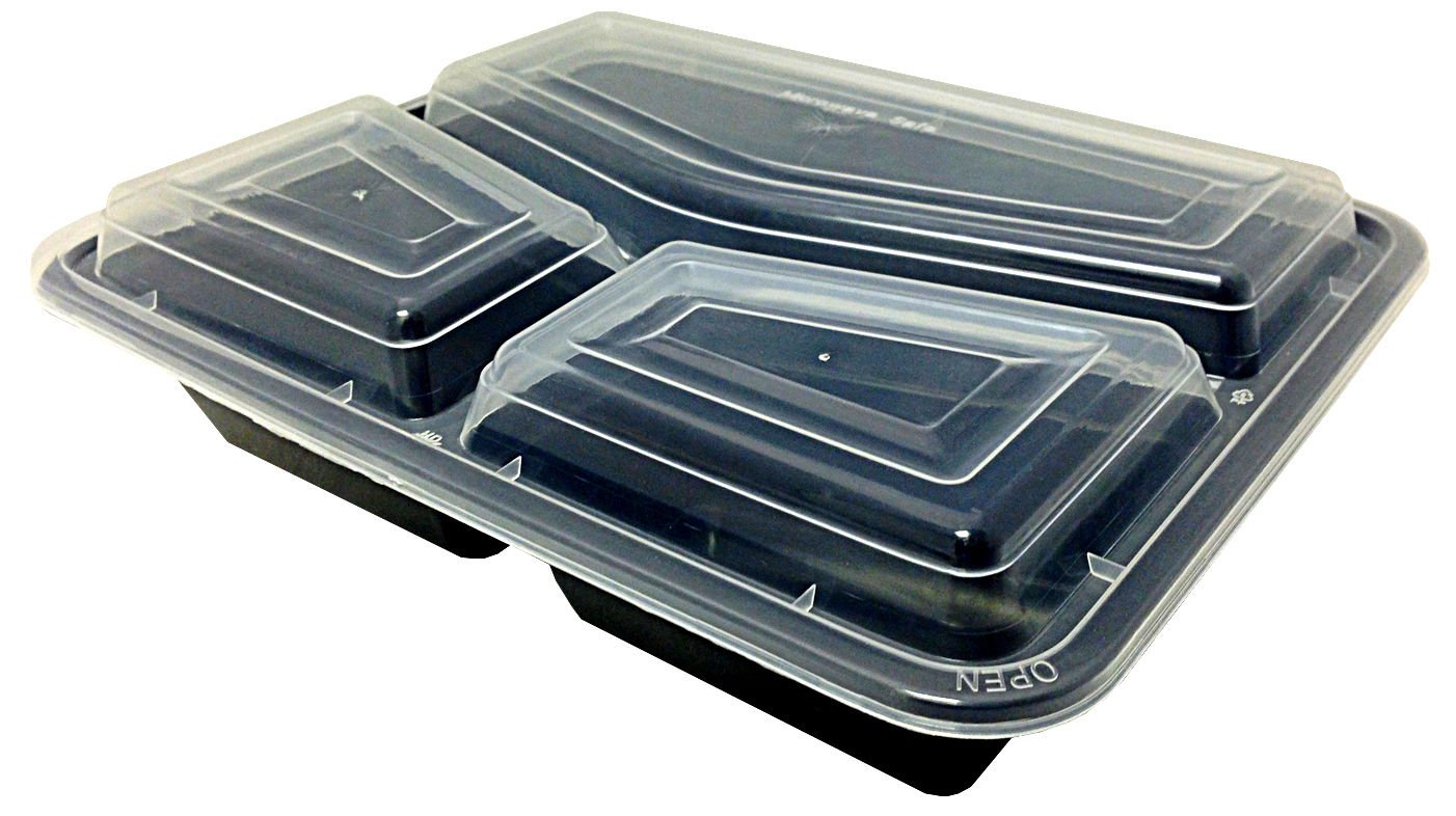 38 oz. Large 3-Compartment Rectangular Black Container w/Lid Combo 150/Case