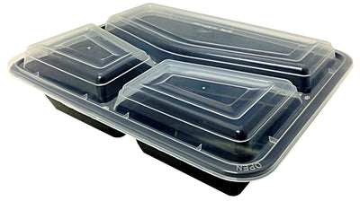 38 oz. Large 3-Compartment Rectangular Black Container w/Lid Combo 150/Case