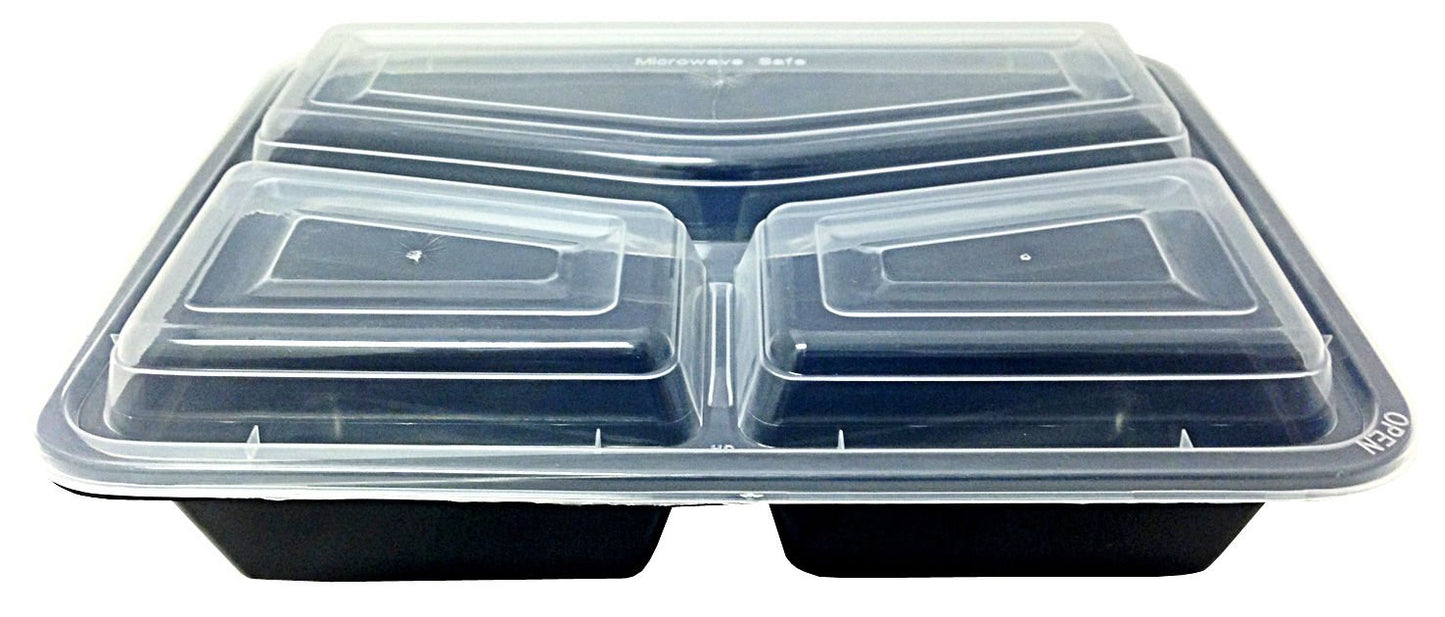 38 oz. Large 3-Compartment Rectangular Black Container w/Lid Combo 150/Case