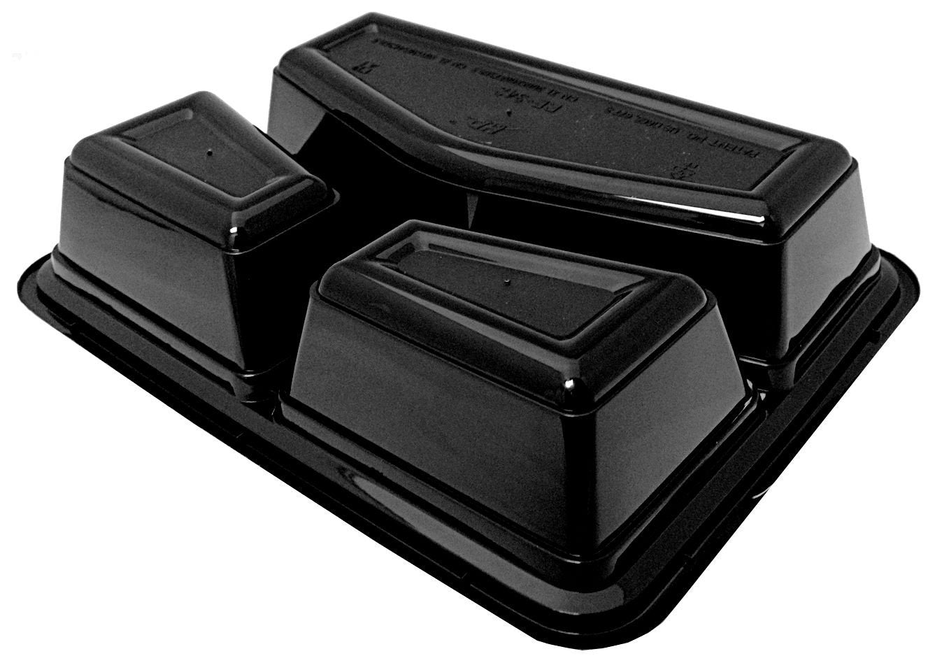 38 oz. Large 3-Compartment Rectangular Black Container w/Lid Combo 150/Case