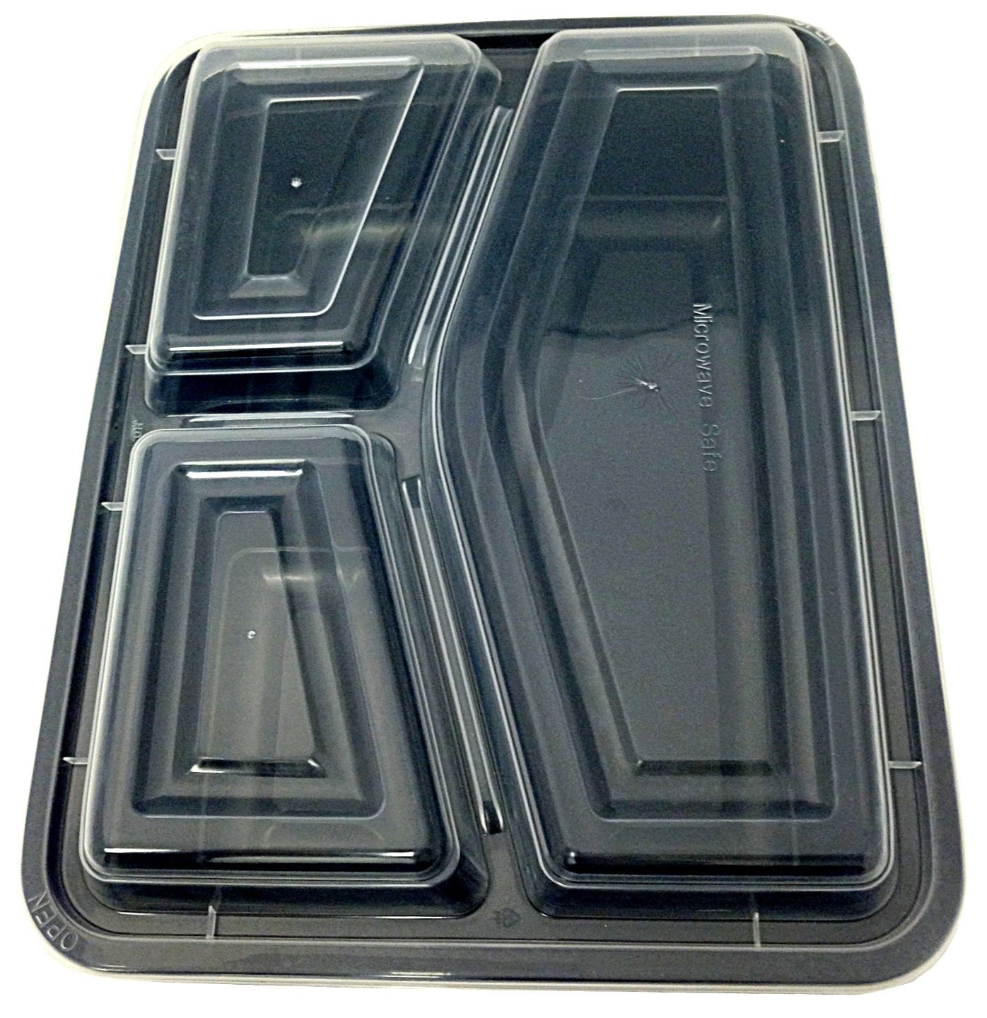 38 oz. Large 3-Compartment Rectangular Black Container w/Lid Combo 150/Case