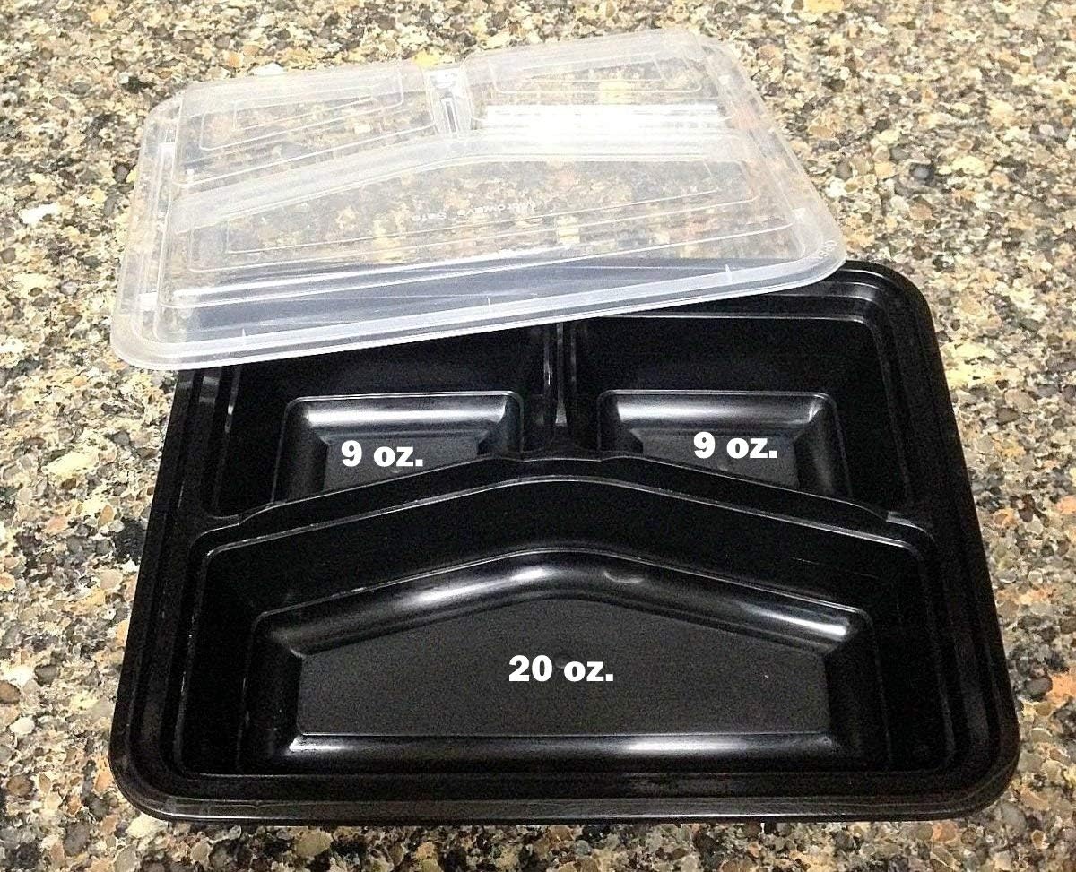 38 oz. Large 3-Compartment Rectangular Black Container w/Lid Combo 150/Case