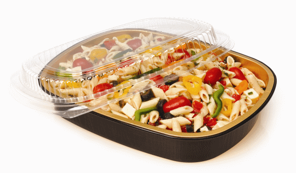 3 lb. Medium Black and Gold Entrée Foil Pan w/Clear Dome Lid 50/CS