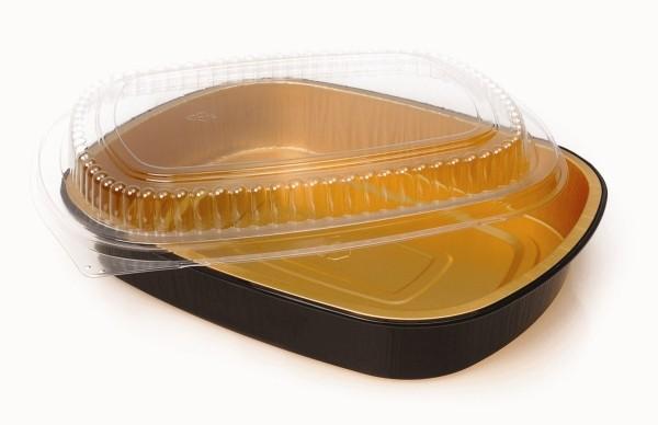 4 lb. Large Black and Gold Entrée Foil Pan w/Clear Dome Lid 50/CS