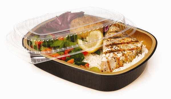 4 lb. Large Black and Gold Entrée Foil Pan w/Clear Dome Lid 50/CS