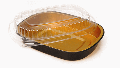23 oz. Small Black and Gold Entrée Foil Pan w/Clear Dome Lid 100/CS