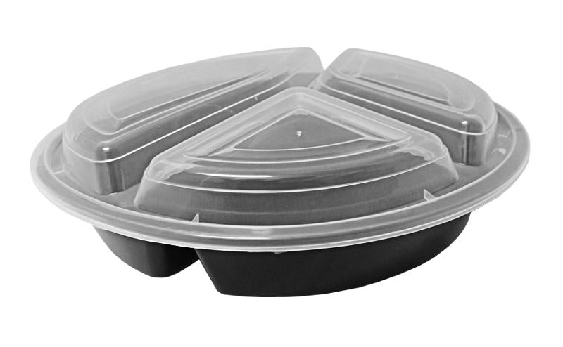 39 oz. Round Black 9" Container 3 Compartment w/Lid Combo 150/CS