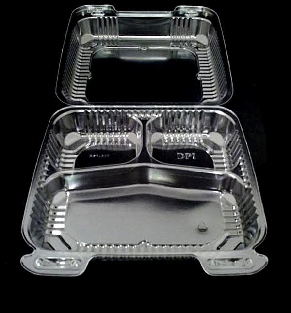 8" Medium Clear Hinged 3Compartment Container